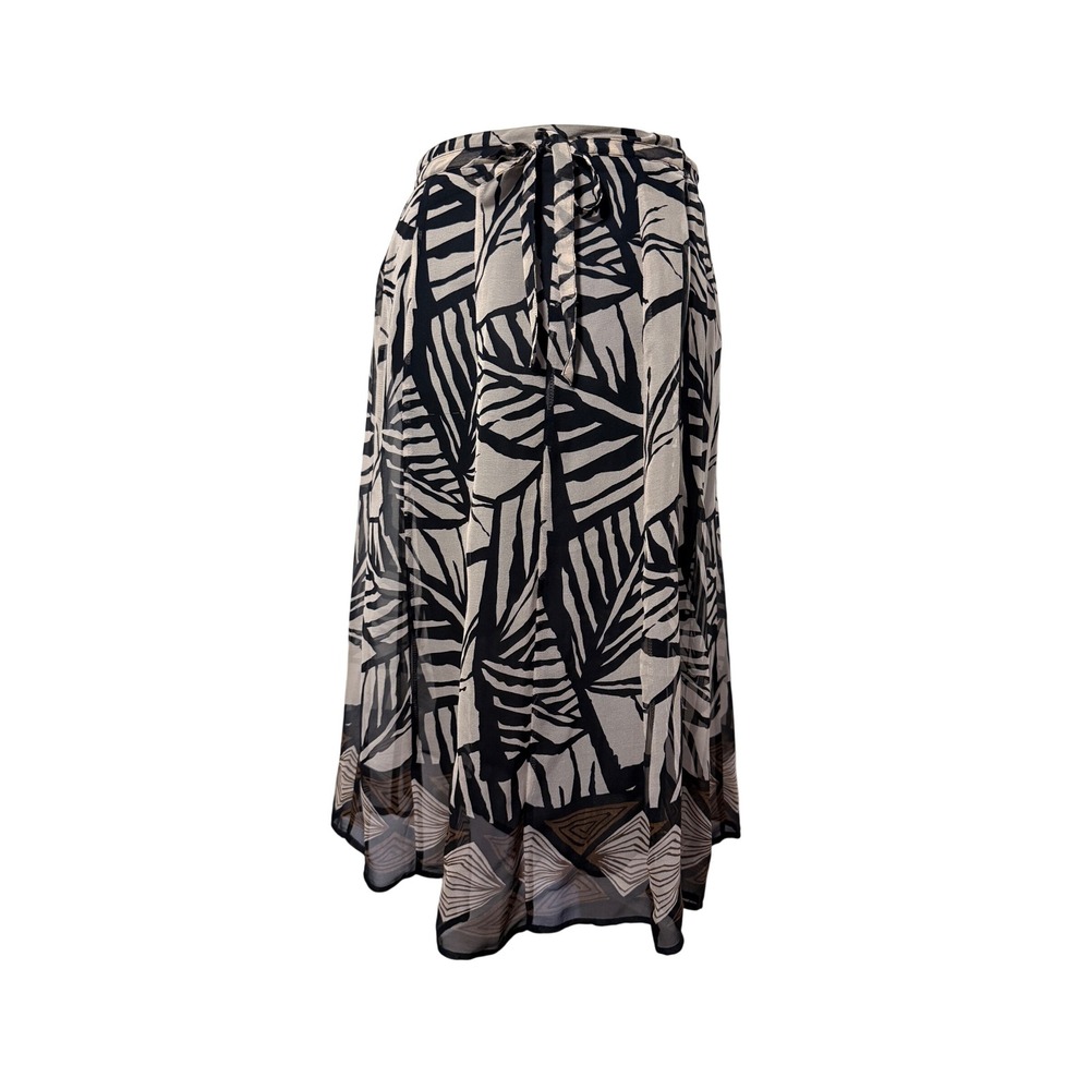 Vintage Silk Abstract Leaf Print Tie Waist Midi Skirt Lined Size 6 Neutral